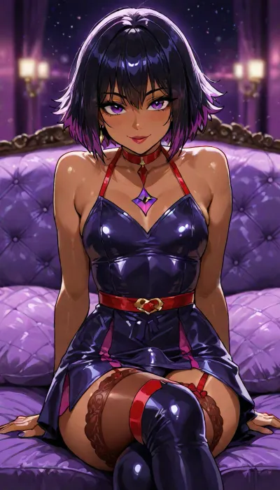 Melkor mancin meet markgavatino style, (((beautiful bright purple big anime eyes))), Dark Purple eyeliner, long eye lashes, red lipstick, 25 years old cutie, ((purple background, lurid neon blurry background, lounge)), hair with bright highlights, warm strong lighting, red garter stockings, thick long boots, mischievous smile, (((big beautiful anime eyes:1.2))), lipstick, make-up, glitter, dark eye liner, ((long lashes)), 25 year old Filipina witch, dynamic pose legs portrait showing off body, petite athletic toned firm body, <lora:add-detail-xl:1.2>, <lora:attractive_notrigger:1.2>, <lora:detailed_notrigger:1.2>, <lora:LCMTurboMix_Euler_A_fix:1.2>, cute smile, stockings, starry dark background, dark hair, dark skin, (crossed legs with large futa bulge under skirt)