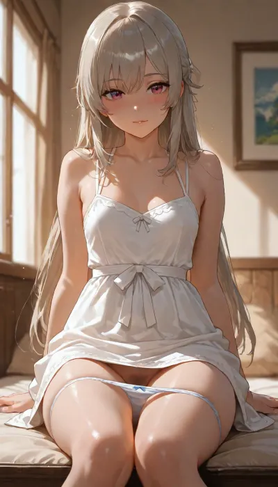 Cinematic photography, a beautiful Nordic woman She is sitting in summer dress. small flat breasts under dress, Her panties are pulled down to her knees. pubic hair visible