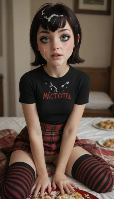 Mavis from Hotel Transylvania, cum on face, cum on hair, cum on food, small breasts, orgasm face, smeared makeup, Ultra HD, thigh-high stockings, plaid skirt, ultra-high detail, ultra-high resolution