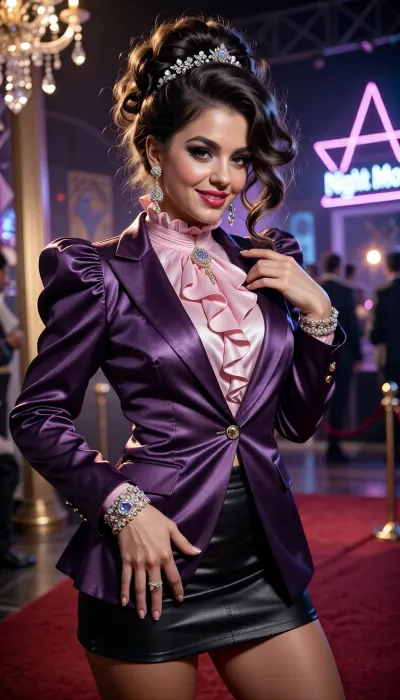 A radiant, ethereal woman stands poised on a red carpet at a magical 1980s Hollywood gala — blending celestial fantasy with vintage glamour. Her voluminous dark hair is styled in an intricate, sculpted braided updo, adorned with cascading crystal headpieces that shimmer like frozen starlight, catching every beam of ambient light. Her face is framed by soft, luminous makeup, smoky eyes with shimmering, voluminous lashes, rosy cheeks, and bold, glossy crimson lips curved into a warm, confident smile — exuding quiet power and timeless elegance. She wears a delicate, high-collared pink satin blouse with ruffled layers, evoking 1980s couture sophistication. The ensemble is elevated with a dramatic deep-violet satin blazer featuring ruched shoulders and gold-toned buttons, paired with a sleek black patent leather mini skirt for textural contrast. Statement gold jeweled earrings and a chunky, sparkling bracelet complete the look — echoing the era’s boldness and opulence. Her voluminous, golden-brown teased shoulder-length hair frames her face with soft movement, while her pose captures poised confidence, one hand lightly on her hip, the other subtly raised near her shoulder as if adjusting the ruffle or gesturing elegantly. One leg is slightly forward, body angled with soft curves, radiating mystery and magnetism. The background is a softly blurred, neon-lit nightclub or ballroom scene — glowing geometric patterns, bokeh lights, and a flickering ‘Night Moves’ sign — all bathed in twilight hues and cinematic glow. The lighting is dramatic yet soft, highlighting her luminous skin and glittering accessories, creating a dreamlike atmosphere where she appears to have stepped out of a fairy tale woven from diamonds and twilight. Capture the essence of 1980s Hollywood glamour fused with fantasy enchantment — rich textures, bold color blocking, and a touch of cinematic magic.
Style Note, Think Celestial 1980s Hollywood Couture* — opulent, textured, emotionally resonant, and visually immersive. Emphasize contrast, (satin vs. leather, crystal vs. neon), depth of color, and the interplay of light and shadow.