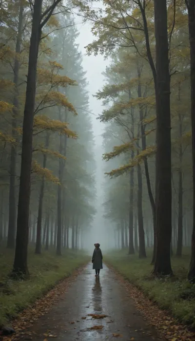 A large and thick old banyan tree, with the midday light shining through the gaps in its leaves, forming numerous Tyndale columns of light, creating bright and dark spots on the wet sandy ground after the rain. Mist permeates the air, and the leaves are transparent and vibrant against the light