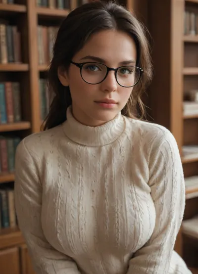 plump woman leaning forward with arms behind back, flirting, caring, comfy, soft and tender, knitted sweater, noble, glasses, busty, 20-years-old, young, beautiful, dimly lit library, close-up, dynamic angle.