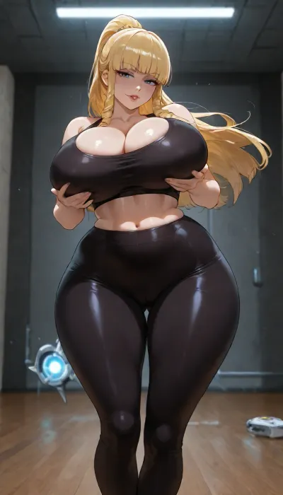 (Pacifica Northwest:1.6), adult version, long bleach-blonde hair with blunt bangs, dark blue eyes, pale skin, heavy purple eyeshadow, (curvy body:1.6), extreme hourglass, massive breasts, tiny waist, huge hips, thick thighs, large round ass, (sports bra with tight spandex leggings:1.5), compression fabric, deep cleavage, cameltoe, shiny stretch material, (seductive expression:1.5), (power jump freeze:1.5), both feet off ground, knees tucked then opening, (holding breasts:1.4), hands cupping her breasts, modern gym, bright overhead light, sharp focus