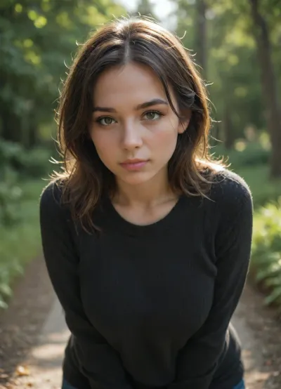plump woman leaning forward with arms behind back, soft and tender, black knitted sweater, outside, warm sunshine, close-up, dynamic angle.