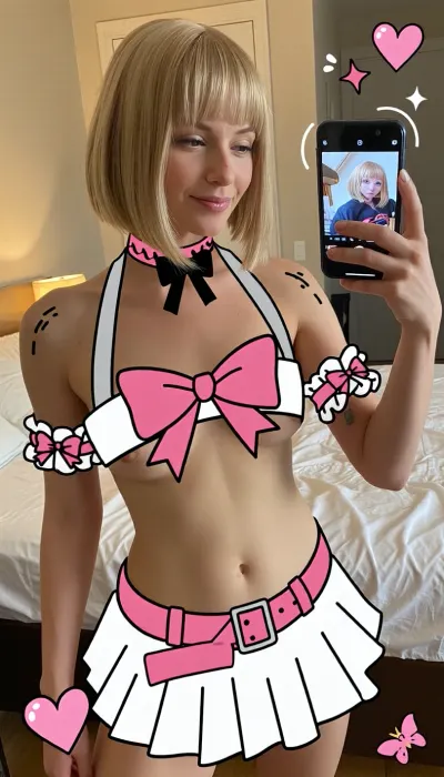A low-resolution photo taken with an mobile phone, the photo was taken in an amateur, candid manner. A photo taken in 2018 using a Google Pixel 3.A 20 years old French naked woman with a perfect skin takes a mirror selfie in a bedroom, with a short blonde bob and straight bangs, a small face, thin straight brows, eyes looking at her phone, a small straight nose, and smirking. She covers her actual body with overlays of doodles over the actual photo and she draw over the actual image overlay doodles with black-line and draw a doodle pink choker with a doodle black bow, a doodle white halter top with a doodle large pink bow, doodle wrist cuffs, a doodle wide pink belt and a white extreme short doodle miniskirt over the actual image. Doodle icons overlays are on the actual image too with doodle hearts, doodle stars and a doodle small butterfly. Her left hand holds up a phone showing an anime character on the screen. The background is a room and a bed in warm indoor light. Strong controlled studio lighting from behind, warm golden-yellow backlight, high contrast, deep shadows, dramatic silhouette, subtle atmospheric glow, realistic skin texture, detailed hair strands, cinematic photography, photorealistic, sophisticated composition, Photoreal, 35mm, museum print.