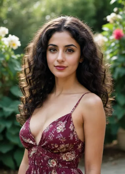 35mm film photo, beautiful charming Kurdish Iranian woman, slutty floral sundress which exposes most of her soft chest, long sleek cascading black curly hair, (dark skin:1.3), (big dark intelligent widely-set eyes), seductive smile, narrow shoulders, slim woman, burgundy lipstick, winged eyeliner, sunny day