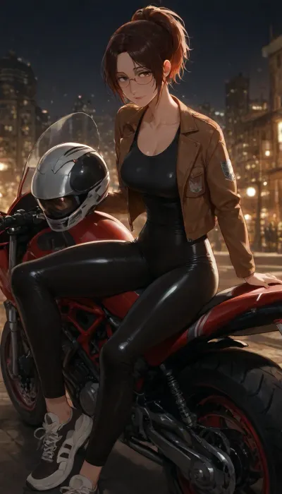 ((Insanely hot)), ((top quality、masterpiece、high sensitivity、high resolution、detailed depiction、depiction of a delicate face、thin face、 cute eyes, defined nose)), ((Hange Zoe from "Attack on titan")), is advanced digital art, glasses, tanktop, brown open leather jacket, tight black leggings、sneakers, holding sports bike helmet, night city outskirts background, ((slim body)), confident, ((extremely confident look in her eyes)), ((poor lighting)), (((sitting on a sports motorbike))), (feminine stance), score_9, score_8_up, score_7_up, score_6_up, (j_cartoon:1.4), Drawing, <lora:hinaTuningFaceDetailer_SDXL-v2-rank256-pruned:.8>