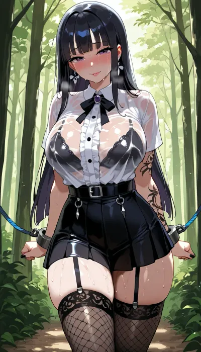 18 year girl goth style with small body and long black hair, tattoos, a fit a large bust, and fishnet stockings. She suck the big cock. She is in a secluded forest during an intimate, goth skirt and wet shirt, beautiful crying face .Her hands are cuffed behind her back, with decorative ropes adding to the gothic aesthetic. The atmosphere is dark, erotic, and intense, with dramatic lighting