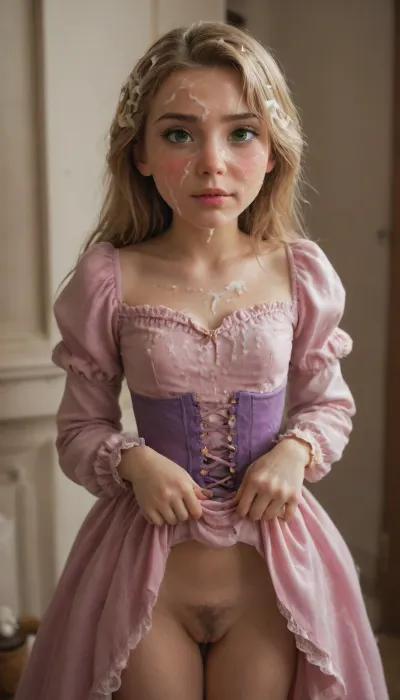 Rapunzel-Disney, small breasts, green eyes, light purple corset, pink dress, three-quarter length sleeves, lifted dress, no panties, hairy pussy playful expression, (cum on face:1.5), (cum on clothes:1.4), (cum on hair:1.4)