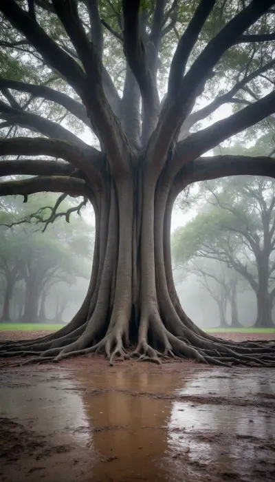 A large and thick old banyan tree, with light shining through the gaps in its leaves, creating bright and dark spots on the wet sandy ground after rain. Mist permeates the air, and the leaves are transparent and vibrant against the light