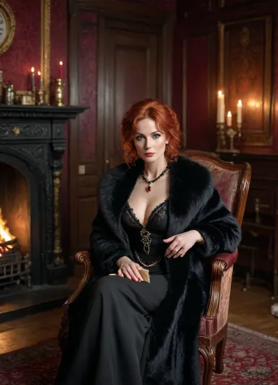beautiful sexy slender 50 year old flame haired woman, big breasts, good hands, perfect fingers, wearing 1900's black fur coat half open, naked underneath, ruby necklace and earrings, black wide brim hat, holding a poker, sitting by the fire, on a big wingbacked chair, candles on walls standing in a victorian station waiting room, dark red walls small fireplace log fire burning, clock on the wall, she is looking out of a window, (hkstyle), <lora:hkstyleV5:.8>, 1880_dr3ss, 1890_dr3ss, 1900_dr3ss, 1905_dr3ss, 1910_dr3ss, Fortuny, <lora:Belle_Epoque_Dresses_1880-1914_XL:.8>