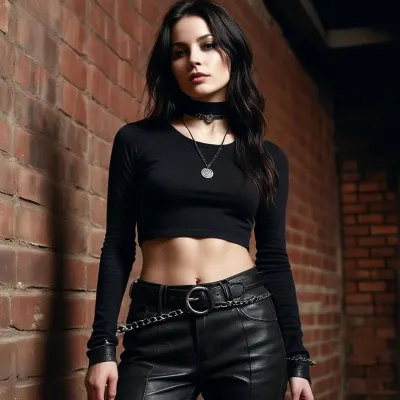 Photorealistic, cinematic full-body portrait of a fictional adult woman, clearly over 25, with long, dark, layered hair with natural texture and volume, refined facial features, and subtle dark eyeliner.

Late-1990s to early-2000s alternative cyber-goth, trip-hop, urban, and nu-metal crossover aesthetic. Fitted black cropped scoop-neck top with a moderately lowered neckline and subtle, tasteful décolletage, a clearly defined waist silhouette, fitted upper-body styling balanced with loose, dark navy cargo trousers, a black leather belt with a subtle silver chain, and heavy black platform combat boots.

Black choker, delicate layered silver necklaces, a circular mystical talisman pendant, a slim black wristband, and several subtle alternative bracelets. Restrained gunmetal accessories and subtle cyber details.

Confident, relaxed full-body stance, natural proportions, elegant silhouette, sophisticated alternative styling. Raw, underground music-culture aesthetic circa 1999-2001, combining alternative club culture, underground hip-hop, cyber culture, and subtle nu-metal influences without looking like a costume.

Industrial red-brick wall and concrete floor, an understated underground venue atmosphere, warm amber mixed with subtle violet and petroleum-blue accent lighting. Authentic analogue 35mm photography, realistic natural skin texture, slight film grain, period-accurate styling, sharp facial detail, realistic hair texture, candid fashion-editorial photography, natural imperfections
