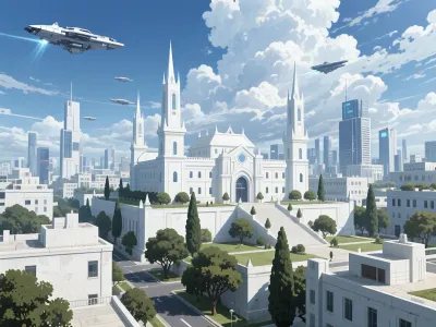 painterly anime artwork, Attack on Titan style futuristic modern city with white building and trees, in center of the city there is a modern white palace with spiky towers. Some spaceships in the sky, world-class masterpiece, fine details, breathtaking artwork, painterly art style, high quality, 8k, very detailed, high resolution, exquisite composition and lighting.