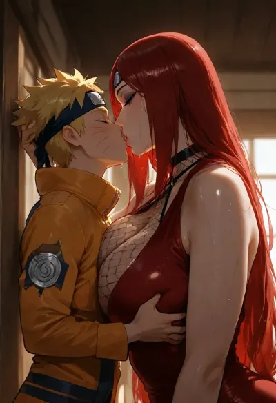 masterpiece, high detailed, (Glossy liner anime style), clear and light frame, (1 woman, Kushina Uzumaki from Naruto, long red hair, red outfits, fishnet halter, hourglass figure body, 36 years old, eyeshadow, milf, giant woman), (1 boy, Naruto_Uzumaki, yellow hair, yellow coat, headband with Konoha emblem, adult tiny boy), (mother and son, taboo relationship), woman holding boy's head, (height difference, tall woman and small boy), side view, below view, deep field shot, backlight, hetero, woman bend forward to kissing the boy, waist, bend over, mouth to mouth, wet kiss, (small boy grabbing woman's breasts), <lora:MJ52:1.8>, <lora:attractive_notrigger:1.2>, <lora:dark:1.3>, <lora:add-detail-xl:1.6>
