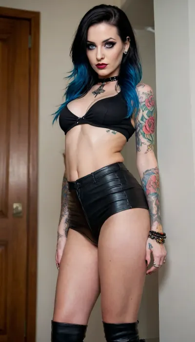Full body view, Goth domme cowgirl milf, looking down on viewer, upskirt, erotic, skinny mombod, saggy breasts, long breasts, kind of flat breasts, heavy makeup, blue eyes, fake eyelashes, smoky eyeshadow, bright lipstick, very tan, dark hair, pierced nose, colorful sleeve tattoos well lit