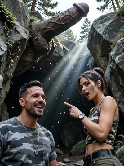 4K, high resolution, high detail, clarity +10, panoramic shot, wide angle, old western movie colors, high contrast between light and shadows, (below view), the environment consist of large gray rocks with vines growing out and a large rocky cave with an opening and on top a rock in the shape of a large veiny penis, strong rays of light shine through the cave and pine trees with a very misty environment, there are lots of small pollen in the air, 1female, on the left side is an upper body close-up with one masculine man having an attractive beard and gray urban camo shirt with silver necklace and a laughing expression, faces are realistic without visual defects, an attractive female archeologist stands in upper body close-up in front on the right side and she points with her index finger in the direction to the penis with horny expression on her face, she wears an urban camo tanktop and a watch on her wrist, brunette with adventurous hairstyle