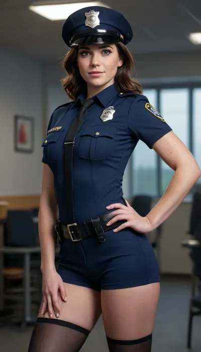 woman, Police, ((Sexy Police uniform)), perfect lighting, ultra realistic, 8k resolution, ultra detailed, instagram model, professional photography, dark hair color, Tights, medium bust, shy smile, nordic, playful, freckled face, slim body, lifelike face, real face