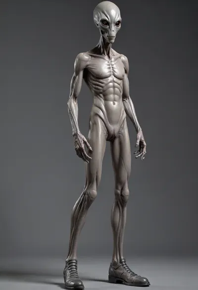((No background)), ((full body view, half profile view)), ((one slender grey alien, ((lga)), boots, ((grey dramatic penis)), erection, high erect dick, high cum shot)), ((standing upright)), ((a long thick spiked dildo in his hand)), <lora:detailed_notrigger:.8>, <lora:LGA:.8>