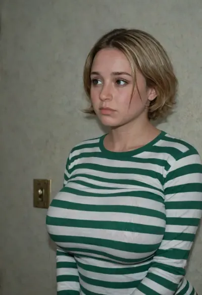 A woman stands with her back and shoulders pressed against the wall in a guilty posture, 30 years-old small-framed curvy ripe busty woman, (blonde short haircut, brown eyes, nice oblong face, high cheekbones, sad face), (She is wearing a green-white striped shirt), (fabric of her clothes is strained tightly against the pressure of her large round breasts:2), (She has short stature womanish curvy busty ripe body, wide pelvis, wide hips:1.7), short curvy legs, curvy calves, 4k resolution photorealism, (3/4 side view), eye level angle shot, (her head is turned to the viewer, she looks pleadingly at the viewer with an eye contact), striped shirt, (whole full-body in the frame photoshot), <lora:zaraXL-v2:.9>