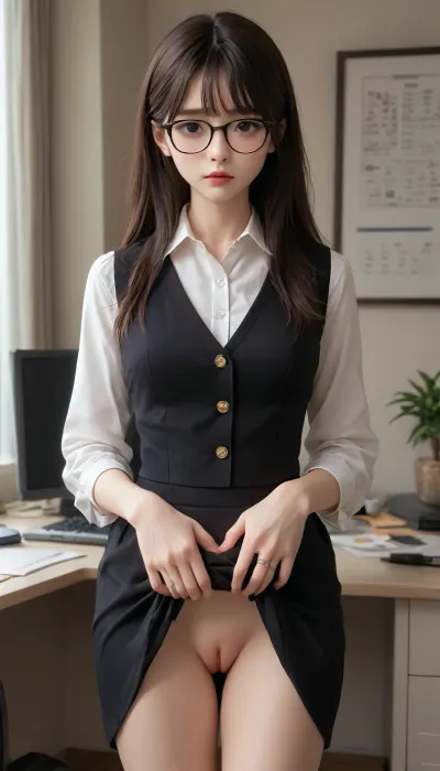 Korean girl, glasses, very long heir, black heir, lifts her skirt, shows pussy, nerdy, office