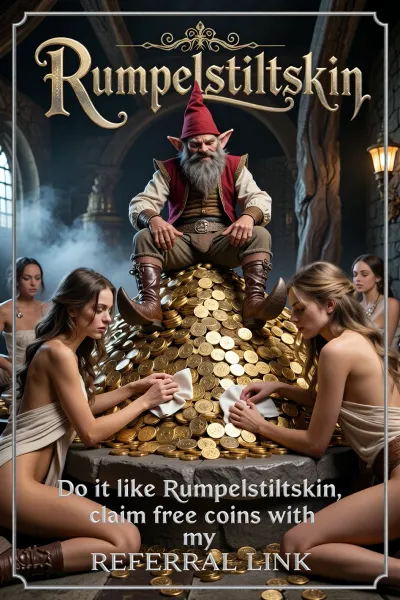 Ultra photorealistic cinematic fine art photography, elegant fairytale poster design, thin refined silver border, all typography arranged as one coherent graphic block, large decorative title above the scene, "Rumpelstiltskin", whimsical ornate fairytale lettering in metallic gold and ivory, enchanting and highly legible, slightly reduced image area creating a smoky stone grey footer containing only, "Do it like Rumpelstiltskin, claim free coins with my REFERRAL LINK", in large bold pure white lettering with subtle dark outline, exceptionally clear and prominent, beneath the typography a photorealistic fairytale treasure scene, tiny stout gnome Rumpelstiltskin sitting triumphantly atop an enormous mountain of gleaming gold coins, compact stocky build, weathered expressive face, deep wrinkles, visible pores, wiry eyebrows, piercing narrowed eyes and wicked knowing glare, thick beard with individually defined coarse hairs, smug possessive posture, classic fairytale clothing, pointed red cap, fitted old fashioned tunic, short knickerbockers, stockings and intricately stitched leather shoes with exaggerated upward curling pointed toes, all around the golden mound several stunning adult women 25 years old, sensuous and half clothed in soft chemises, loosely draped fabrics and partially open bodices, sitting and kneeling among the coins, carefully polishing individual pieces with small white cotton cloths, elegant natural anatomy and convincingly balanced poses, delicately modeled shoulders, hands and arms, realistic skin with visible pores, fine peach fuzz, subtle veins, natural folds, faint freckles, gentle sheen and nuanced variations in tone, lifelike facial expressions, detailed eyelashes and lips, abundant flowing hair with distinct individual strands, flyaways and illuminated highlights, intricate fabric weave, seams, lace and creases, coins overflowing in all directions with sharply embossed engravings, tiny scratches, worn edges and richly varied golden reflections, enchanted treasure chamber with dark wooden beams, rough stone walls, faint ground mist and mysterious low key atmosphere, magical shafts of warm light illuminating faces, skin and shimmering metal, rich deep shadows and controlled highlights, intimate three quarter composition centered on the mountain of gold, Rumpelstiltskin dominating the summit while the women form a circle of activity around him, professional full frame photography, 85 mm lens, f 2.8, anatomically believable proportions, exceptional facial microtexture, cinematic color depth, subtle analog film grain, visually believable dark fairytale sensuality