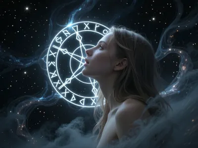 (Dark Fantasy Artwork), artistic, low angle, side view, 40 yo, belle caucasian female, ancient circular runic emblem, glowing white runes, inscribed on a mystical dark celestial background, floating in a cosmic void, surrounded by swirling ethereal nebula clouds and light dust particles, soft volumetric lighting, mysterious atmosphere, germanic mythology aesthetic, intricate runic carvings, glowing white light, dark mood, deep shadows, high contrast, ethereal, mystery, mystical fog, natural beauty
