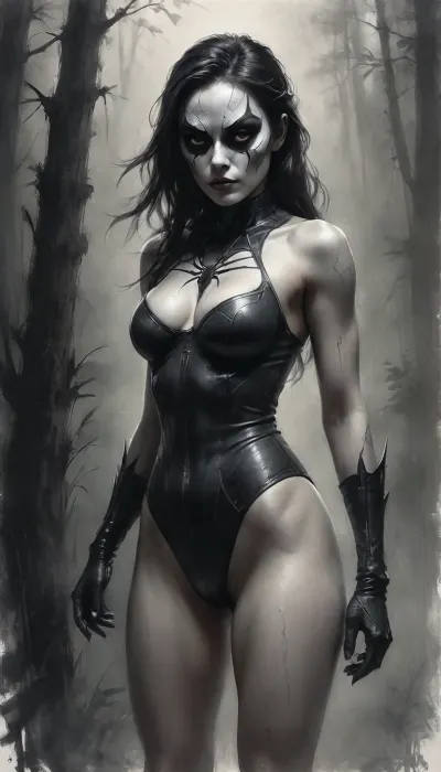 18 year old, Japanese spider woman, spider woman Mask, perky breast, full body, head to toe, full frontal, petite shaved pussy., Black, and, white, art, black, pencil, shading, charcoal, drawing, toned, paper, brutal, dark, b/w, color, scheme, <lora:Black and white art.V1:.8>