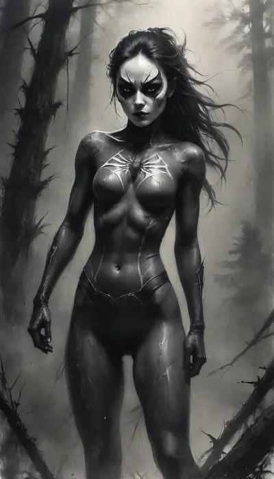 18 year old, Japanese spider woman, spider woman Mask, perky breast, full body, head to toe, full frontal, petite shaved pussy., Black, and, white, art, black, pencil, shading, charcoal, drawing, toned, paper, brutal, dark, b/w, color, scheme, <lora:Black and white art.V1:.8>