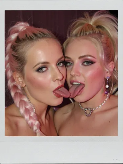 A 1970s Polaroid SX-70 photograph, square frame, white chemical border, hard on-camera flash, warm faded dyes, a magenta shift in the shadows, fine grain, slightly soft focus. A private after-party in a Bel Air screening room. A rich producer is being licked by two starlets. No text, no watermark. Left starlet, about a thousand characters, an adult woman in her early twenties, a would-be contract player, pale warm skin with a real flash sheen on the cheekbones and the bridge of a small straight nose, visible pores, a scatter of three tiny dark moles high on the left cheek. Face is oval, chin a little pointed, jaw soft. Hair is platinum, not pink, a thick braid falling over her left shoulder and a high ponytail, with short curled bangs stuck to a damp forehead. Brows are thin, 1974, overplucked, redrawn in brown pencil. Eyes are pale green, wet, heavy mascara already smudged at the outer corner, looking up past the lens at the man. Lashes clumped. Mouth is full, painted a dark burgundy that has transferred onto her tongue. The tongue is out, flat, pressed to the left side of the glans. Expression is eager and a little scared of being cut from the picture. Crystal drop earrings, a cheap rhinestone choker with heart pendants, bare shoulders, the top of small natural breasts at the bottom edge. She leans in so her cheek almost touches the other woman’s. Right starlet, softer and more painted, warm skin flushed pink under the flash, a rounder face, a short nose, a beauty mark under the outer corner of the right eye. Hair is strawberry blonde, piled in a loose bun with thick curled bangs, a few strands stuck to the temple. Brows fuller, arched. Eyes are blue-grey, looking at the lens, not at him. Makeup is party 1975, pink and lilac shadow, a streak of silver at the inner corner, black liner winged and already sweating, lashes too long. Mouth open, glossy pink, tongue out and curled under the right side of the same glans, sharing it. Expression is pleased with herself, the one who knows the producer’s name. Matching rhinestone choker, matching drop earrings, the swell of a fuller breast at the lower right. Their tongues meet on the head. The rest, only the producer’s cock and a fist are in frame, thick, veined, held up from below, the glans wet between the two tongues. He is unseen, the man who paid for the room. Behind them a draped curtain and a string of out-of-focus party bulbs, rendered as soft Polaroid discs of amber, pink and weak blue, not modern bokeh. The flash kills the room and leaves a hot spot on both foreheads. Color is faded, yellow in the highlights, green in the braid, burgundy almost brown. A fingerprint in the border. One exposure, not a poster.
