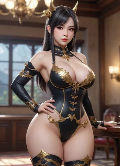 3/4 body view, generate ultra-realistic image of any female character from Genshin Impact, in naughty outfit, large high tits, sexy, curvy