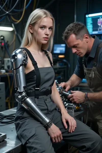 A cinematic medium shot. Set in a cyberpunk environment, the scene captures a maintenance moment involving a female cyborg seated on a metal workbench, the natural texture of her skin—complete with pores and moles—is visible on her face and bare chest, which glisten with sweat. Her eyes gaze forward, outlined by a bright neon glow. One shoulder features a complex chrome cybernetic prosthesis transitioning into a cybernetic arm, the mechanical hand rests on grey tactical cargo pants. A male mechanic uses a handheld tool to meticulously calibrate the shoulder joint. The background reveals a dark cyberpunk workshop with glowing neon instrument panels and colorful cables hanging from above. Lighting, cool overhead fluorescent light from the side, sharp highlights on the damp skin and polished metal of the prosthesis, soft shadows beneath the collarbones and along the arm, and cool color accents—specifically the turquoise glow of a visor. High resolution, superb quality, masterpiece.
