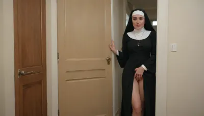nun standing in doorway, playing with pussy, watchingman wanking his with big cock