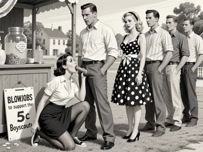This is a detailed monochromatic pencil drawing in a classical illustrative style depicts a scene set at a 4th of July celebration in a rural town's park in the 1950s.1woman is squatting in front of 1man strokes cock and gives him blowjob. woman1 wears 1950s dark skirt and white blouse, unbuttoned blouse exposing her large breast, dark stockings, canvas shoes. Pose squatting, leaning forward, legs spread apart, cock in her mouth, cum dripping off her chin. 1man wears slacks and a shirt, pants unbuttoned unzipped, showing erect dick. Pose standing. Facial expression surprised. a woman and 4 other men stand in line in a queue, awaiting their turn. Woman is second in line. Pose relaxed, facial expression devious smile. woman in line is 35yo voluptuous blonde wavy hair, headband, make-up, wears a black and white Polka Dot A-Line Dress with Back Tie and Waist Bow, heels. men wear casual slacks and shirts, with brown hair. There is a booth behind the woman, like a lemonade stand. There is a large jar with coins and a sign "5c BLOWJOBS to support the Boyscouts". The overall style is a black and white pencil drawing, capturing a candid moment. The scene has a formal, organized atmosphere. The overall mood is intense, rendered in fine, expressive line work and subtle shading, evoking the style of 1950s satirical or moralistic illustrations.