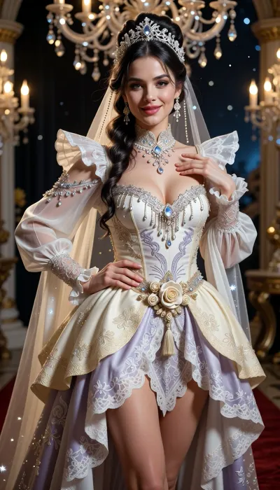 A radiant, ethereal woman steps from a dream woven of diamonds and twilight — embodying timeless elegance, fantasy, and quiet power. She stands confidently on a red carpet at a celestial gala, her dark hair styled in an intricate, sculpted high braided updo with a side-swept fringe, adorned with cascading crystal headpieces that shimmer like frozen starlight. Her face is framed by soft, luminous makeup — smoky eyes with shimmering lashes, rosy cheeks, and bold, glossy red lips curved into a warm, confident smile — evoking 1980s Hollywood glamour meets fairy-tale enchantment. She wears a breathtaking, fantasy-inspired ballgown in ivory, champagne, soft gold, silver, and muted lavender — a masterpiece of Gothic meets celestial fantasy. The gown features a fitted bodice adorned with cascading crystal fringe, beaded embellishments, and delicate silver-threaded embroidery, evoking Baroque luxury and divine grandeur. Long, flowing sleeves with ruffled cuffs transition into translucent lace-trimmed fabric that flares dramatically at the wrists. A voluminous, multi-tiered skirt made of sheer tulle and lace cascades in ruffles, embroidered with floral motifs, while a central waist motif — a cluster of handcrafted ivory-and-gold roses — glows subtly with beads and tassels. An ornate, jewel-encrusted veil or headpiece drips from her shoulders like a crown of moonlight, suspended with dangling crystals and metallic filigree. Subtle lavender and gold threadwork adds depth and warmth throughout the design. Optional, a trailing capelet or wing-like appliqués on the back, and a glowing finish on key elements for magical realism. Her pose captures poised elegance — one leg slightly forward, body angled with soft curves, hand resting lightly on hip, other gently raised near shoulder as if adjusting the ruffle. Gaze slightly upward and to the side, lips parted in sultry, thoughtful expression — exuding mystery and confidence. Background, softly blurred bokeh lights of a magical evening ballroom — think glittering chandeliers, floating lanterns, and velvet drapes — enhancing her celestial glow. Lighting, dramatic cinematic spotlight, rim-lit with soft golden highlights, emphasizing texture, sparkle, and volume. Style, Rich textures, velvety satin, gossamer lace, and crystalline reflections. Mood, Ethereal, regal, romantic, otherworldly — the Princess of the Moonlit Heavens.

Wear the sky as your gown.