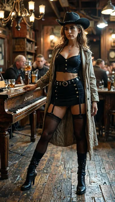 8k, score_9, score_8_up, score_7_up, score_6_up, FILM PHOTOGRAPHY STYLE, cinematic photography of a woman, professional portrait photo realism, Sandbox style, colossal breast, Monochrome, Wild West 1790, backside view of a super sexy athletic and flat-chested gunslinger stands drunk in a saloon, lifts up her dark red miniskirt, she wears, (a long beige dirty used coat:1.3), underneath a white cotton rough men's shirt with buttons, (a dark red miniskirt:1.4), (black fishnet stockings:1.4), cowboy boots, (a cartridge belt with a pistol holder around her waist:1.4), her dusty black hat is pulled low over her face, perfect face, perfect hands, dangerous aura, leaning tipsy against the polished wooden bar of a smoky frontier saloon, (whiskey glass in one hand:1.3), warm golden lamplight, card tables and piano in the background, cowboys and gamblers glancing her way. Sawdust on the floor, haze of cigar smoke in the air, filled with dust and smoke, emphasizing a cinematic, dystopian cowboy atmosphere, art Style & Technique is a dirty old style, Ultra-realistic digital painting with cinematic depth of field. Highly detailed texturing on leather, skin, and hair, dramatic contrast lighting and warm dusty tones, a sharp foreground focus and a slightly blurred background to create depth, masterpiece, best quality, ultra-detailed, cinematic lighting, wild west, smoking weed, cannabis, Ultra-realistic Western art, highly detailed, cinematic moody lighting, tense but charismatic atmosphere., crowd, of, people, FRESHIDEAS, Real, Photography, 2#, <lora:FRESHIDEAS Real Photography 2#:.8>, <lora:MJ52:.8>, <lora:detailed_notrigger:2>, <lora:add-detail-xl:.8>, <lora:LCMTurboMix_Euler_A_fix:.8>