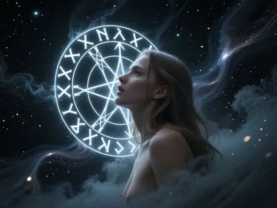 (Dark Fantasy Artwork), artistic, low angle, side view, 40 yo, belle caucasian female, ancient circular runic emblem, glowing white runes, inscribed on a mystical dark celestial background, floating in a cosmic void, surrounded by swirling ethereal nebula clouds and light dust particles, soft volumetric lighting, mysterious atmosphere, germanic mythology aesthetic, intricate runic carvings, glowing white light, dark mood, deep shadows, high contrast, ethereal, mystery, mystical fog, natural beauty