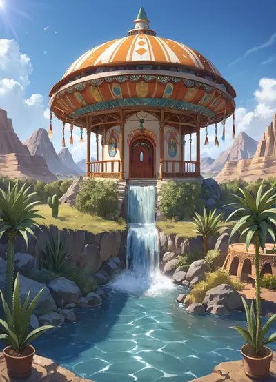 Black and Green haired angel woman with wings, modest boobs and halo, Wearing Native American outfit, holding fiery sphere, standing in river, in an open Desert with cactus, river, waterfalls and mountains, in front of wide massive two story high elegant dome house with garden, patio, windows, staircase, curtains and balcony, 1990s anime, vintage anime, 90's anime style, in the style of hajime sorayama, in the style of greg tocchini, anime masterpiece, pixiv, akira-style art, akira anime art, 4k, high quality.
