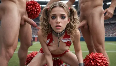 (((high quality, high resolution, perfect face))), (((torn red cheerleader outfit))), in a football stadium, (((curly blonde pigtails))), ((solo, petite)), (((seduced, seducing, sexy pose))), (((eyeshadow, nipples, boobs))), flat, chested, crying, sad, look at viewer tears, <lora:flat_chested_v3.5:.8>, (((full portrait))), (((threesome, spit roast, fucking, fucked, red cum dripping from her pussy, blowjob, deep throat, vaginal))), (((shackles around her wrists, chains, chained, metal collar, lots of red cum everywhere, running mascara)))