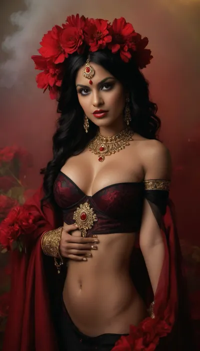 Kali — The Goddess of Transformation An Indian model of South Asian descent, with deep brown skin, abundant black hair, and striking dark eyes. Her curvaceous figure is clad in a black and red fabric ensemble, featuring ornamental jewelry, gold bracelets, and embroidered details. Surrounded by theatrical smoke and red flowers, she embodies strength, transformation, and a magnetic presence., (huge and perfect breasts:1.7), (perfect pussy:1.7), (big ass:1.5)