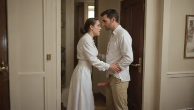 Priest standing in doorway, playing with penis, watching couple fucking