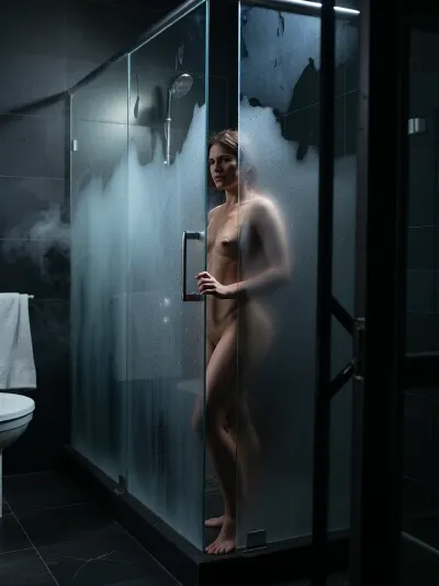 Photorealistic cinematic Film Noir scene, absolute darkness, crack into a bathroom filled with thick steam, the air dense and hazy, a 30 years old tiny brunette woman behind a fogged glass shower door, every surface damp and shadowy, steam, and subtle intimacy, she looks seductively.