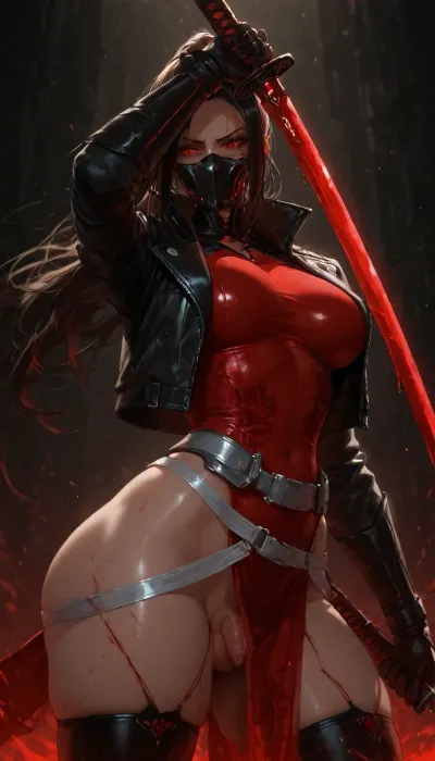 beautiful fierce young woman, deadly female assassin, cyberpunk Ronin style, long flowing black hair, intense glowing red eyes, blood splatters on face and body, wearing black leather jacket, red bodysuit with floral pattern, black leather gloves, no panties, bare hips, her small flaccid shrink penis with glance and testicles visible under edge of cloth, large belt with silver buckle, with long katana held high with both hands, dramatic dynamic pose, alone hand raised high, red energy glowing katana, blood dripping from a sword, red glowing accents, dark dramatic lighting, cinematic atmosphere, blood mist in the air, intense angry expression, black mask covering the lower half of the face, detailed skin texture, glossy dewy skin, reflections, high detail, masterpiece, 8k, ultra realistic, anime realism hybrid, dark fantasy cyberpunk aesthetic