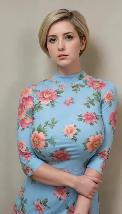 A woman stands with her back and shoulders pressed against the wall in a guilty posture, 35 years-old small-framed plump curvy ripe busty woman, (blonde short haircut, grey eyes, nice oblong face, high cheekbones, sad face), (She is wearing a light-blue square-neck dress with a colorful floral pattern which barely holds the pressure of her heavy breasts:2), (womanish curvy busty ripe mature body), natural teardrop-shaped heavy breasts, (short stature, short plump legs), curvy calves, (wide pelvis, wide hips:1.7), 4k resolution photorealism, dynamic colorful lighting, (3/4 side view), eye level angle shot, (her head is turned to the viewer, she looks pleadingly at the viewer with an eye contact), <lora:milkers_v2:1.8>