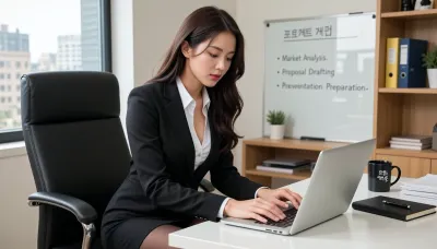 A beautiful young Korean woman with long hair is sitting at a white desk in a modern, bright office, in a black leather office chair. She is staring intently at the screen of an open silver laptop, and her fingers rest on the keyboard in a natural working position. She is wearing a classic-cut black business blazer over a white shirt unbuttoned low, a black form-fitting pencil skirt, and black nylon tights. Her face is young, with soft East Asian features and a calm, focused expression. On the desk stands a black mug with white lettering in Korean, there is also a black notepad with a pen and a stack of papers. In the background is a whiteboard listing the following items, “- Market Analysis, ” “- Proposal Preparation, ” “- Presentation Preparation.” Behind her is a large window with soft daylight and a blurred view of city buildings, to the side are wooden shelves with folders and notepads. Photorealism, high level of detail