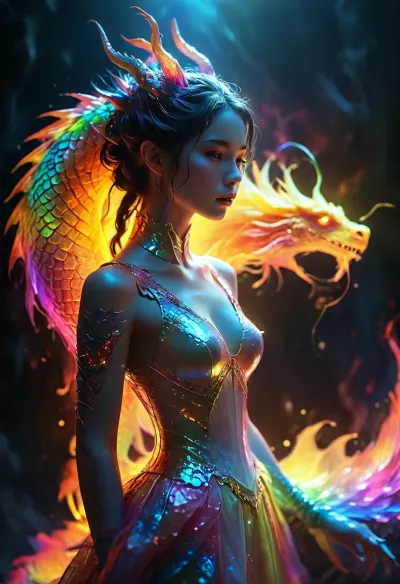 [KTA], (Dark Fantasy Artwork), luminous shadow, a circular glowing rainbow dragon featuring the image of a belle female faceless goddess, /KlTTY-ART/, <lora:COMFYUI_mimic_landscape_-_XL_SDXL v2.0:.5>, <lora:MJ52:.5>