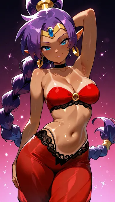 Shantae, dark purple hair, Long braided ponytail, dark tan skin, tan lines slender body, medium breasts, small thin waist, sexy face, glowing blue eyes, red Strapless Crop-Top, red harem pants, black lace g-string, cleavage, tiara, bedroom eyes, sexy smirk, sexy dancing pose