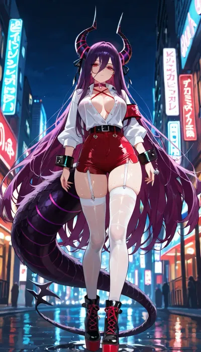 score_9, score_8_up, score_7_up, score_6_up, source_anime, masterpiece, best quality, very aesthetic, 1girl, solo, shinku, (neverness to everness), neverness to everness, beautiful highly detailed face, expressive red eyes, very long messy dark purple hair, black and pink highlights, hair strand between eyes, large black and red ribbon bow on the back of the head, pair of large curved demonic horns on head, (striated, dark purple and glowing magenta), red choker with a small pendant, wearing an oversized white long-sleeved button-up shirt, (unbuttoned at the collar and bottom, loose flared cuffs), black buckled straps and armbands on her upper arms, glimpse of red shorts underneath, white thigh-high stockings with red zigzag pattern at the top, red criss-cross lace-up straps around ankles, chunky black and red platform high-heeled boots, white fluffy fur collars on the ankle boots, dangling red and purple tassels on the shoes, thick purple and black striped reptilian thick tail, (wrapped with belts, silver metallic clasp and charm at the tip), standing, looking at viewer, dynamic pose, urban city street background, colorful neon signs, cinematic lighting, night, wet ground, depth of field, highly detailed, vivid colors