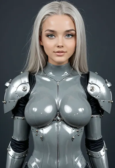 sexy female cyborg, all of her body parts are visibly modular, and constructed of gray metal but gray latex, ((large gray latex breast modules:1.6)), bulbous shoulders, micro-waist, cute girl face, smooth surfaces but very modular, every body module contour is clearly visible, everything is artificial except for head, ((body is built like a rubber armor:1.4))