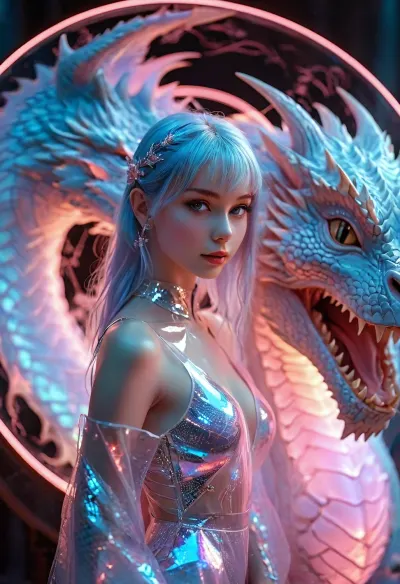 [KTA], (Dark Fantasy Artwork), luminous shadow, High-tech diva with split pastel-blue and pastel-pink hair, wearing transparent panels stitched over holographic circuitry, posing against a circular glowing dragon, illustrated, /KlTTY-ART/, <lora:COMFYUI_mimic_landscape_-_XL_SDXL v2.0:.5>, <lora:attractive_notrigger:.1>, <lora:MJ52:.5>