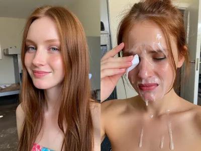 side-by-side two pictures of the same 1m82 tall and extreme skinny Dutch 30yo beautiful shy woman, with long straight ginger hair and dimples and tall narrow nose and narrow long face, one picture before the bukkake party and second picture after the bukkake Party. before the party she looks shy and happy with a beautiful summer dress and natural pretty face, after the bukkake party on the second picture her face is completely covered in realistic semi-transparant cum, an excessive amount of cum is on her face and in her mouth, cum is dripping down on her chest, she is cleaning her eyes with a small tissue, her hair is messy, she is looking disgusted and sad, she is crying, her face is completely destroyed. Please make an extreme contrast from first picture to second picture. the woman has to be the same pretty woman on both pictures. Background for both pictures, a dirt dorm room